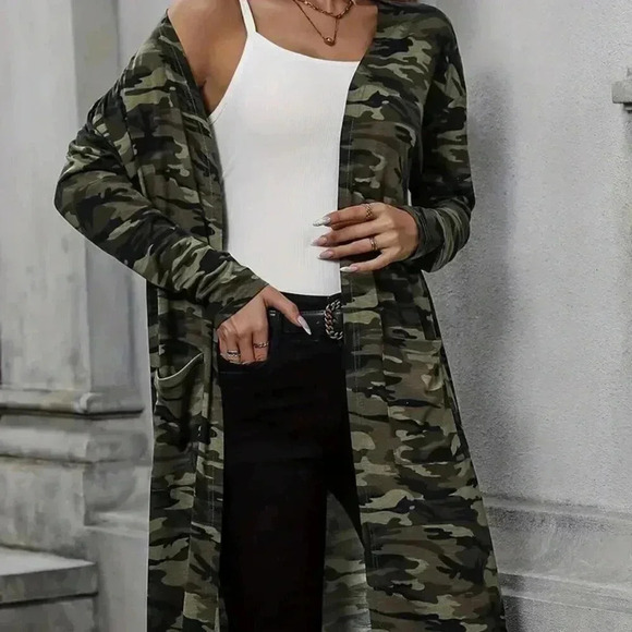 Camo Random Print Mid-Length Cardigan - (Color: Army Green 1) - Picture 4 of 4